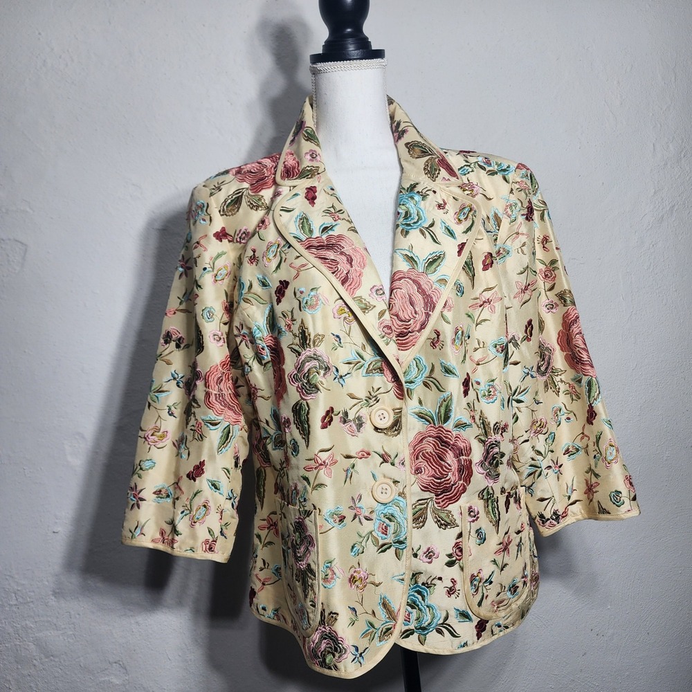 Coldwater Creek Blazer XL Champagne Silk Floral Embroidered 3/4 Sleeve Jacket